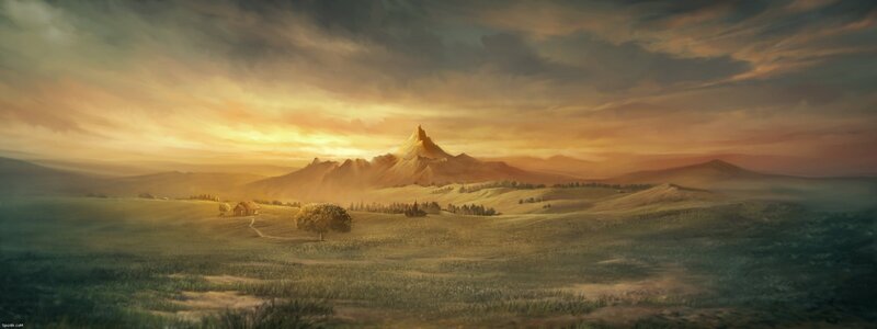 Sunset over a mountainous landscape