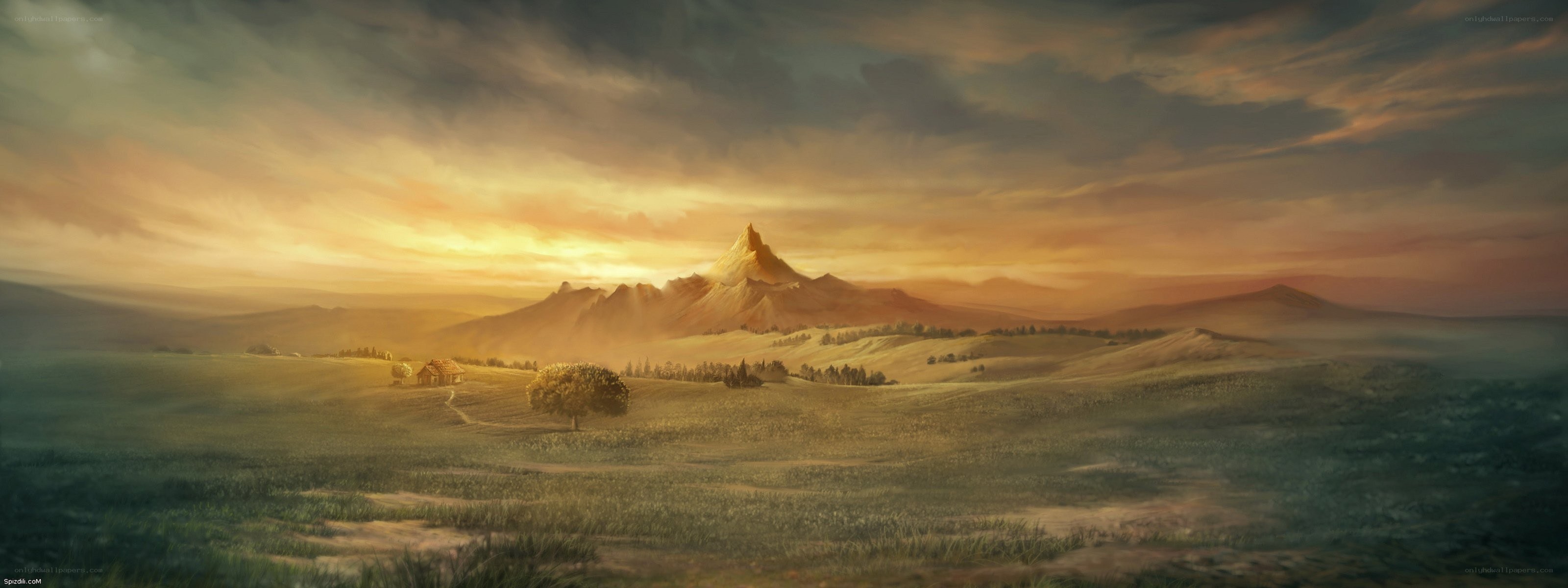 Sunset over a mountainous landscape