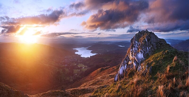 Sunset over a mountainous landscape