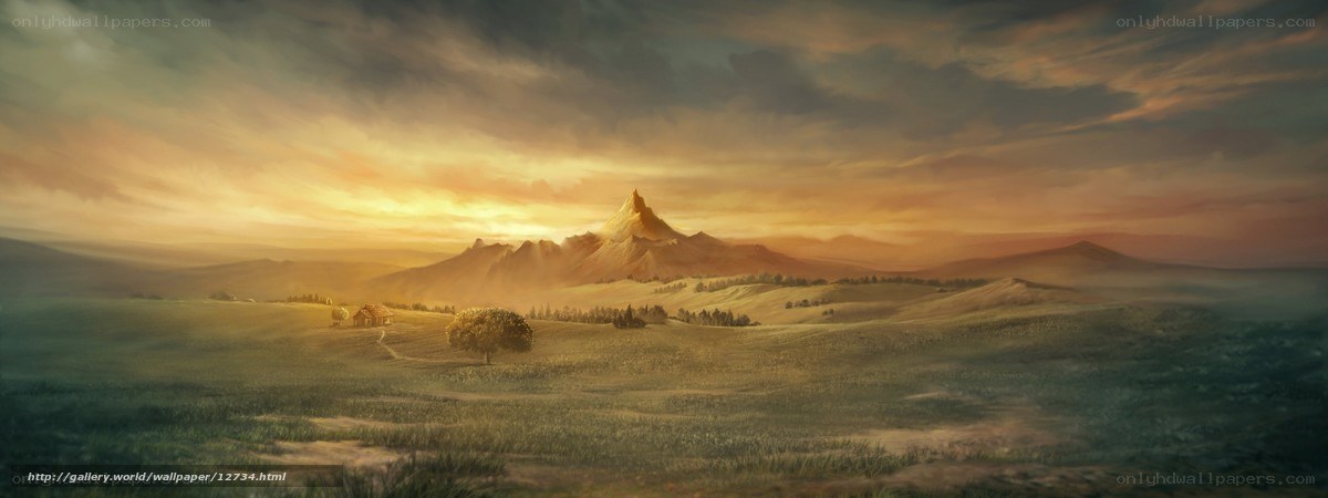 Sunset over a mountainous landscape