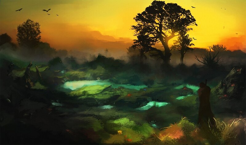 sunset over a mystical swamp