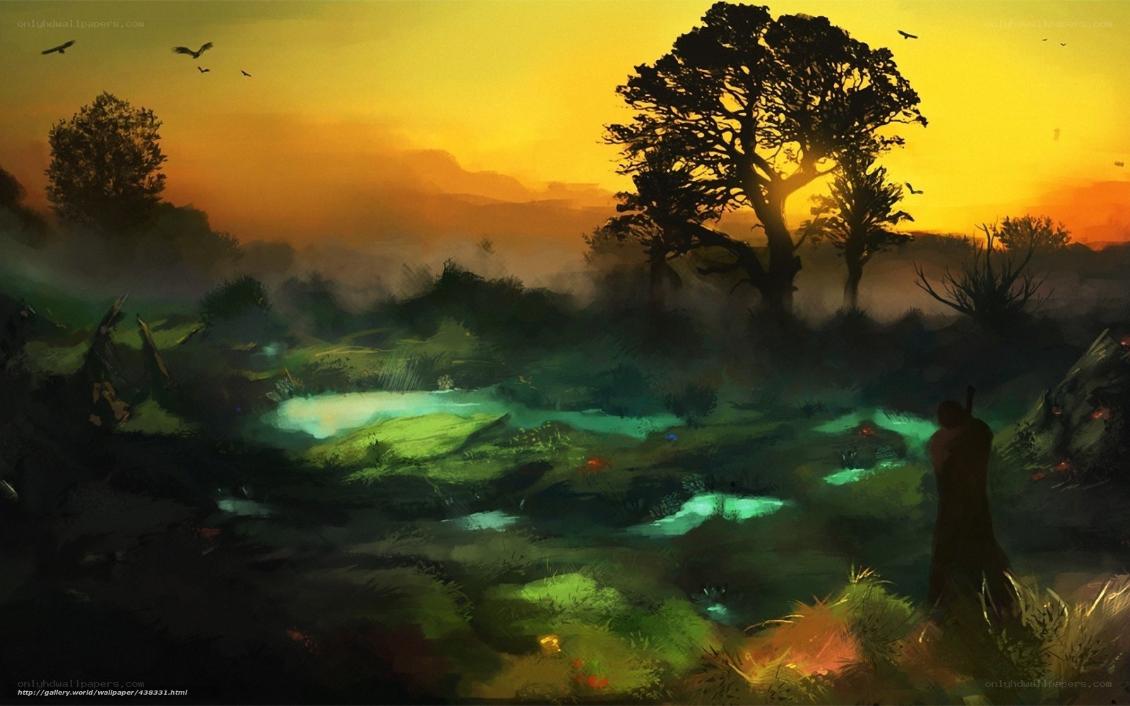 sunset over a mystical swamp