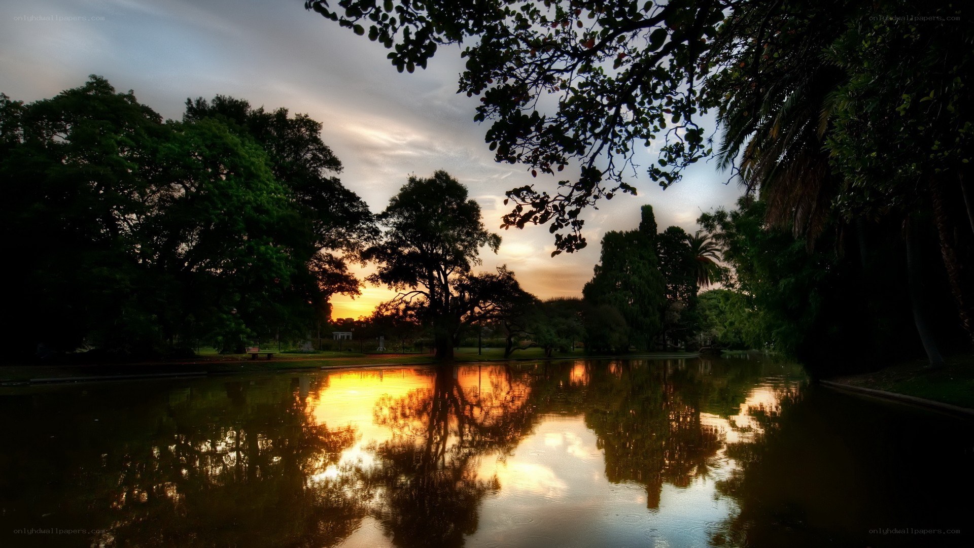 Sunset over a park pond