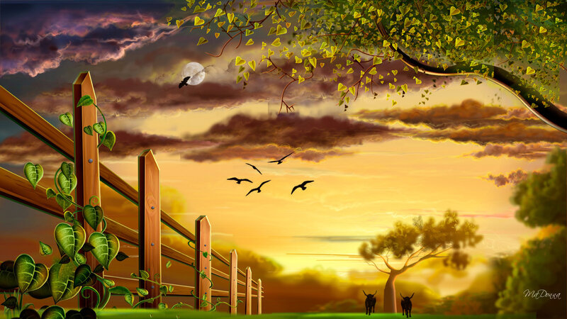 Sunset over a peaceful farm