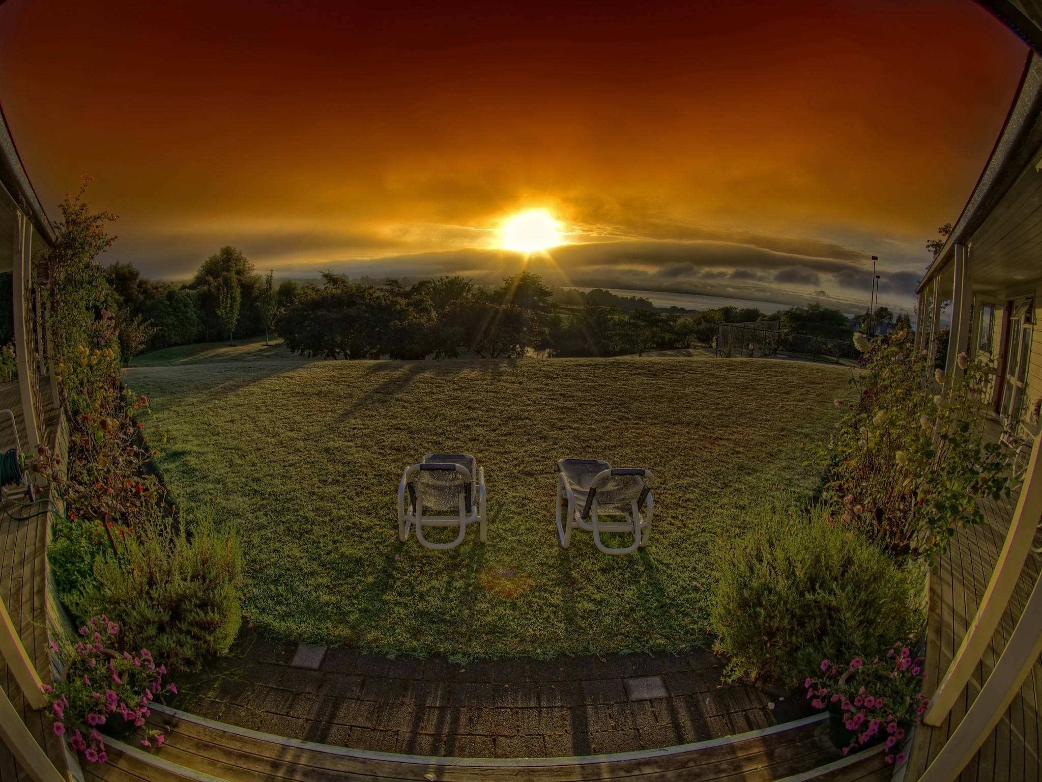 Sunset over a peaceful garden