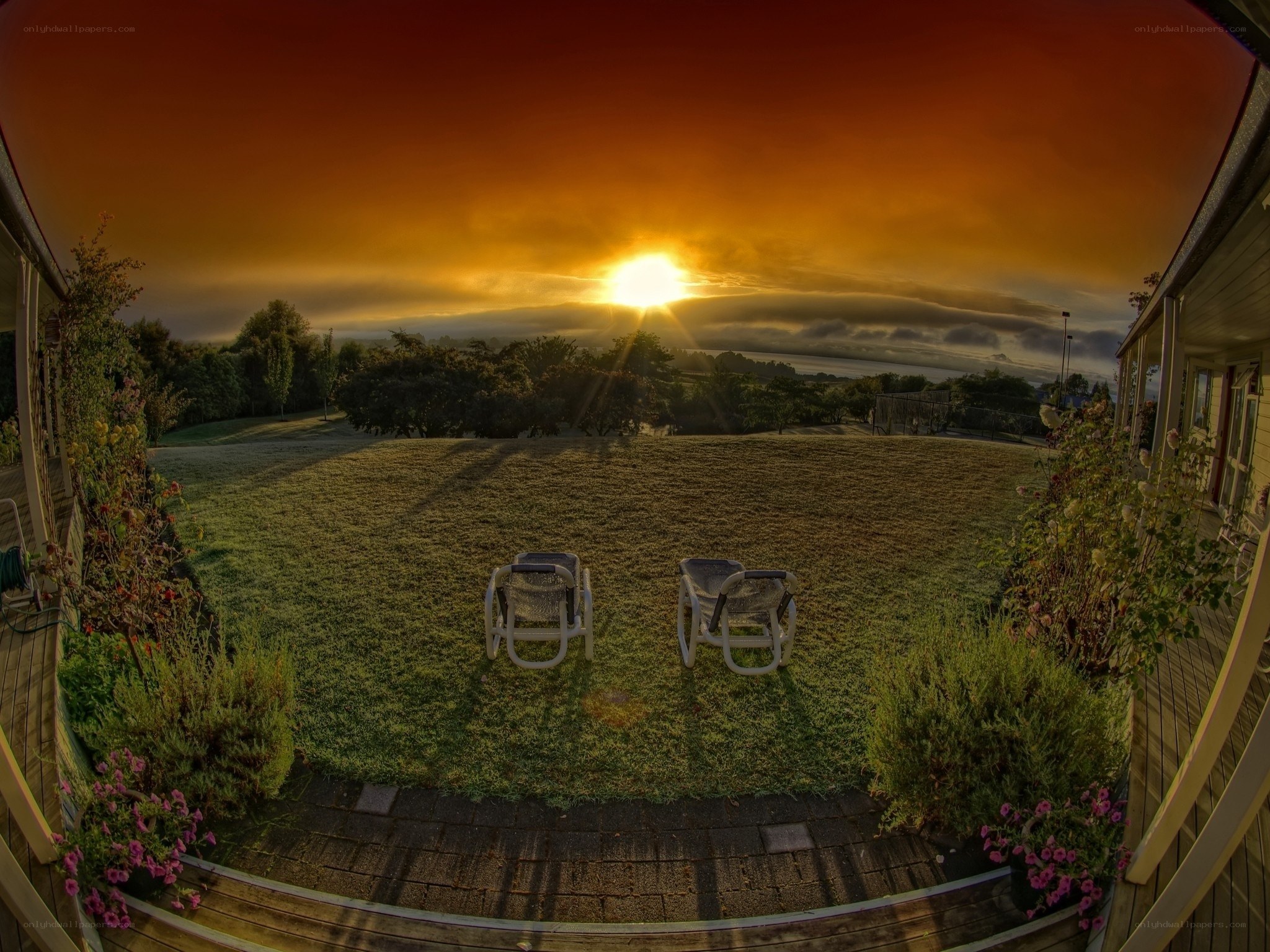 Sunset over a peaceful garden
