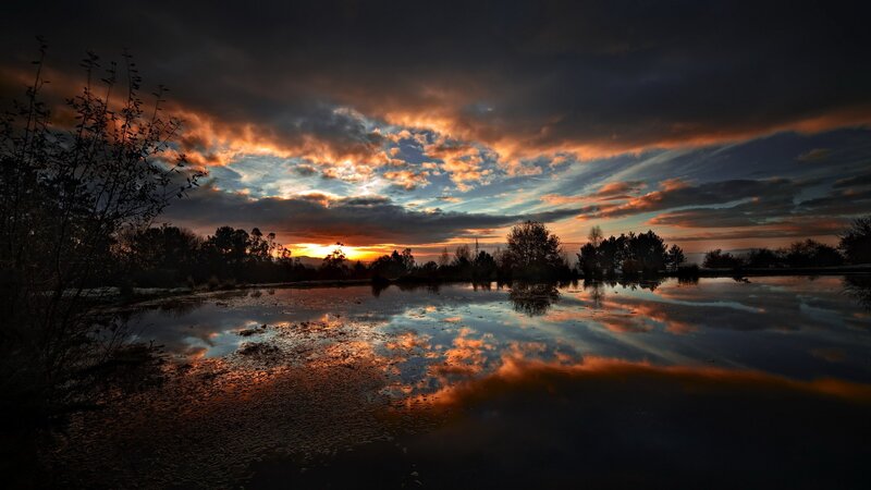 Sunset over a Pond — Orange, Dramatic, Photograph, Clouds, Trees, Reflection, Blue