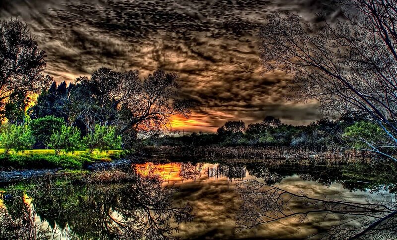 Sunset over a Pond — Orange, Dramatic, Photograph, Trees, Sky