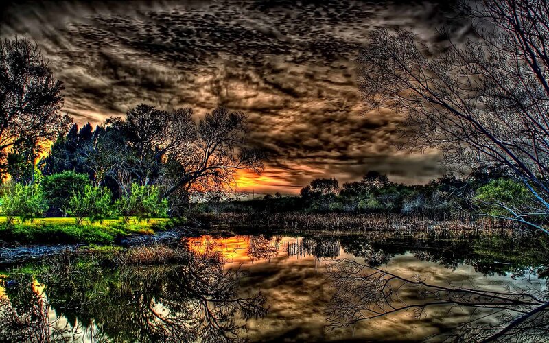 Sunset over a Pond — Orange, Dramatic