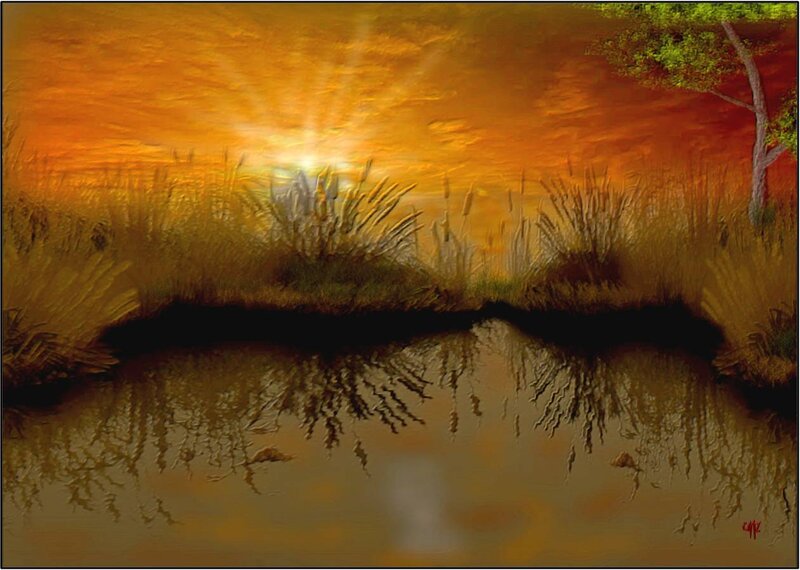 Sunset over a Pond — Orange, Serene, Digital Art