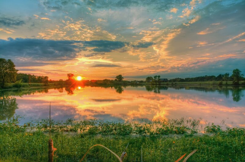 Sunset over a Pond — Orange, Serene, Photograph, Sun