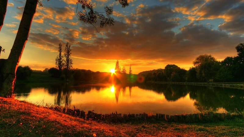 Sunset over a Pond — Orange, Serene, Photograph, Trees, Sky
