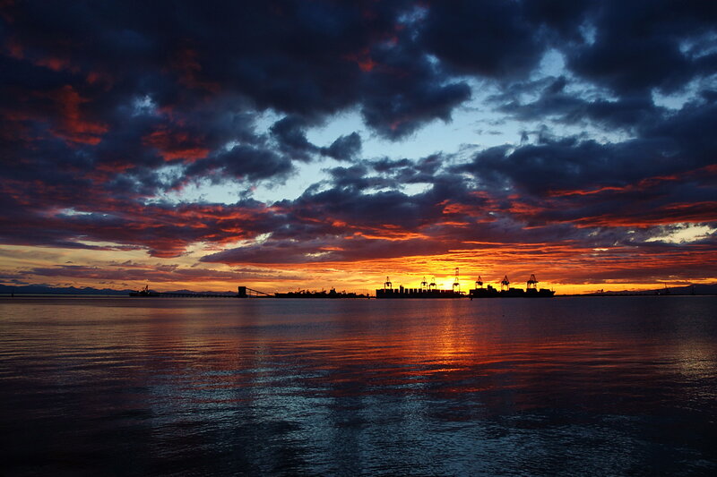 Sunset over a port