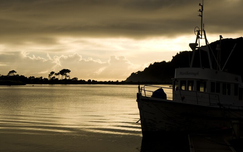 Sunset over a quiet harbor