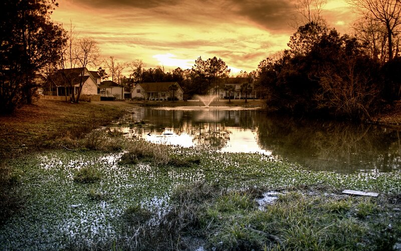 Sunset over a quiet pond