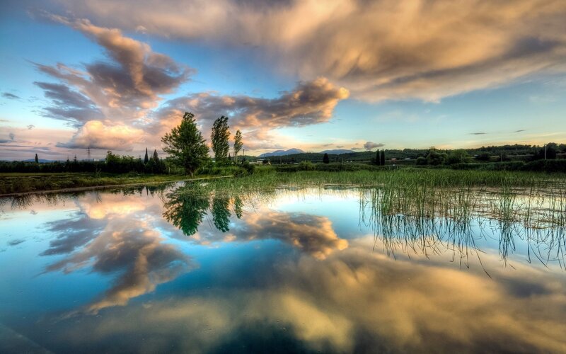 Sunset over a reflective pond