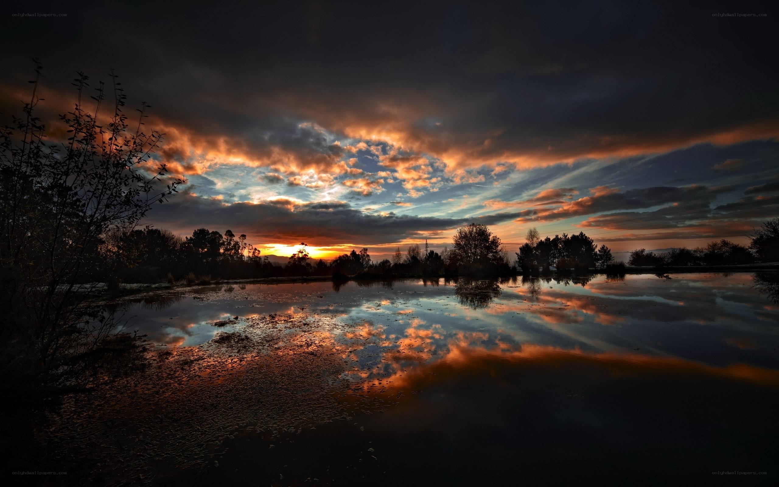 Sunset over a reflective pond