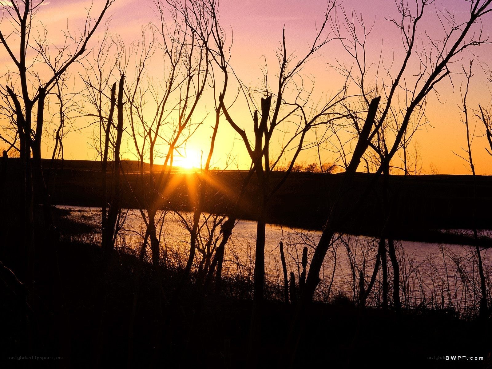 Sunset over a river at dusk