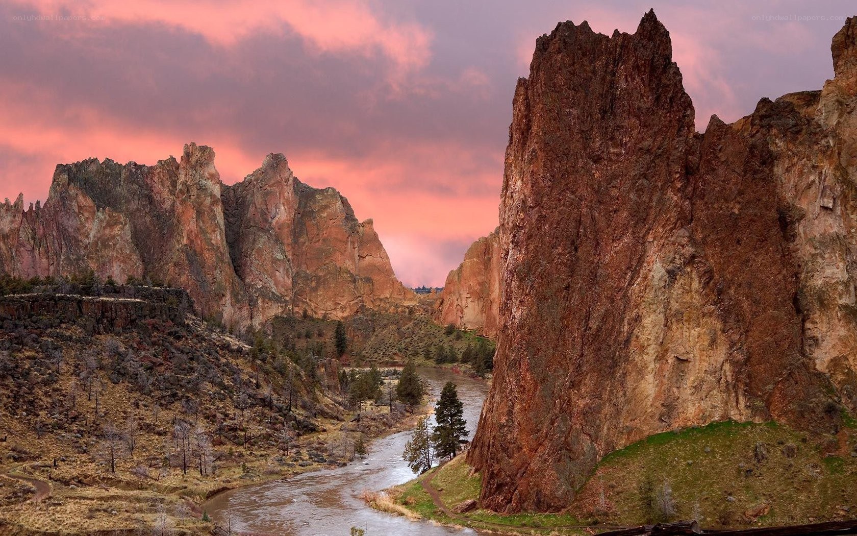 Sunset over a river canyon