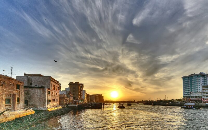 Sunset over a river city