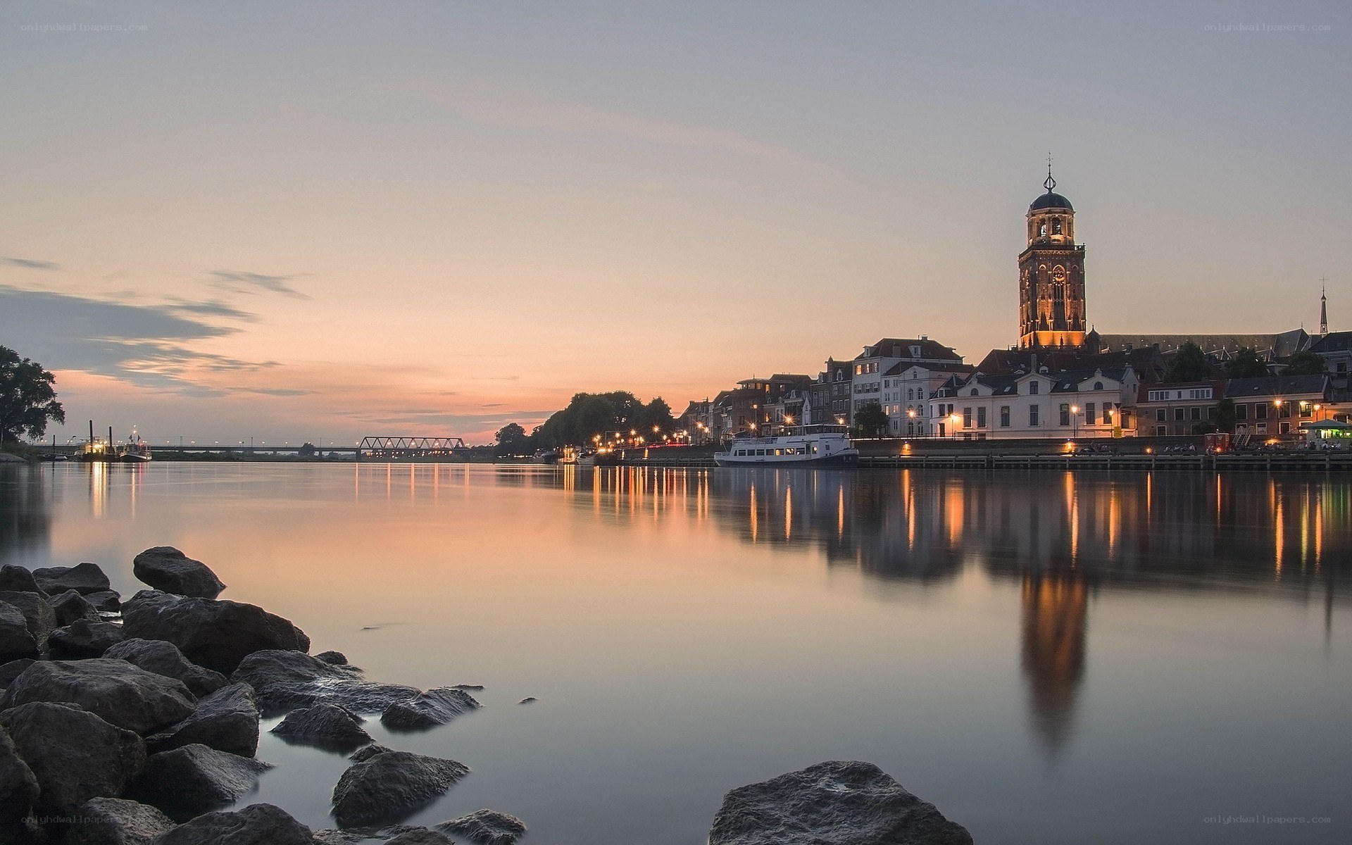 Sunset over a river town