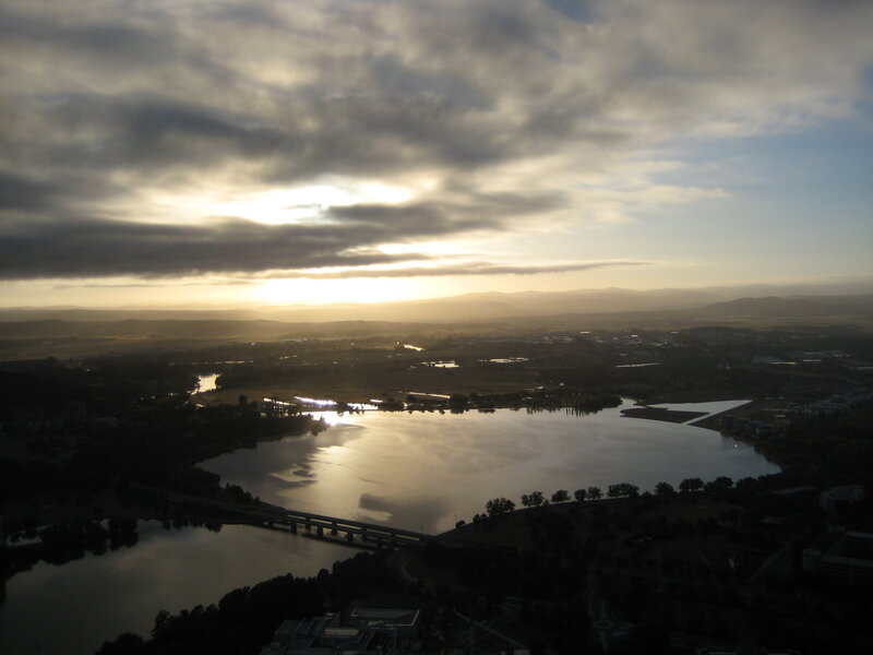 sunset over a river valley