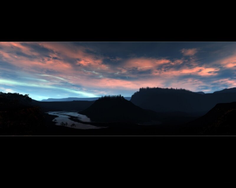 sunset over a river valley