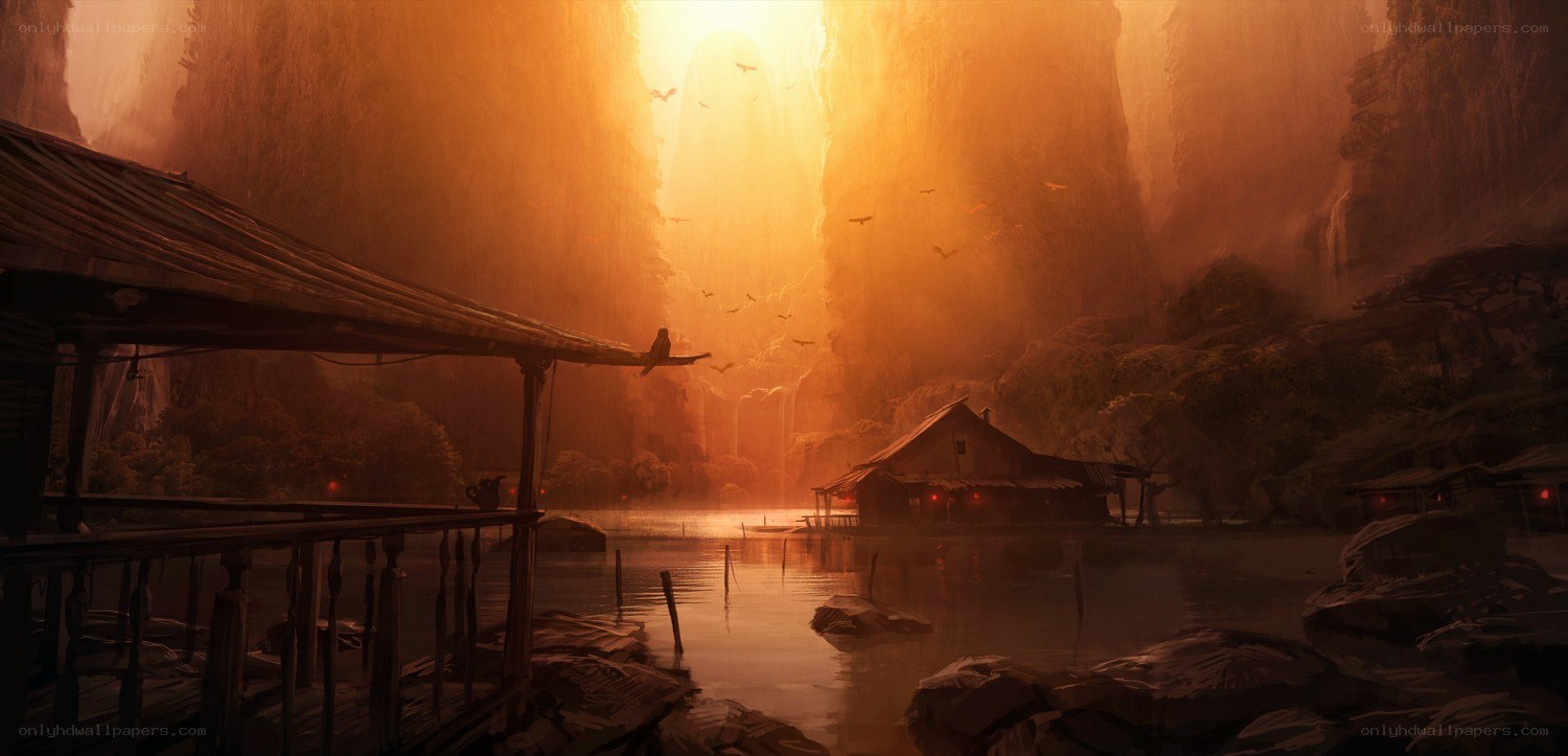 Sunset over a river village