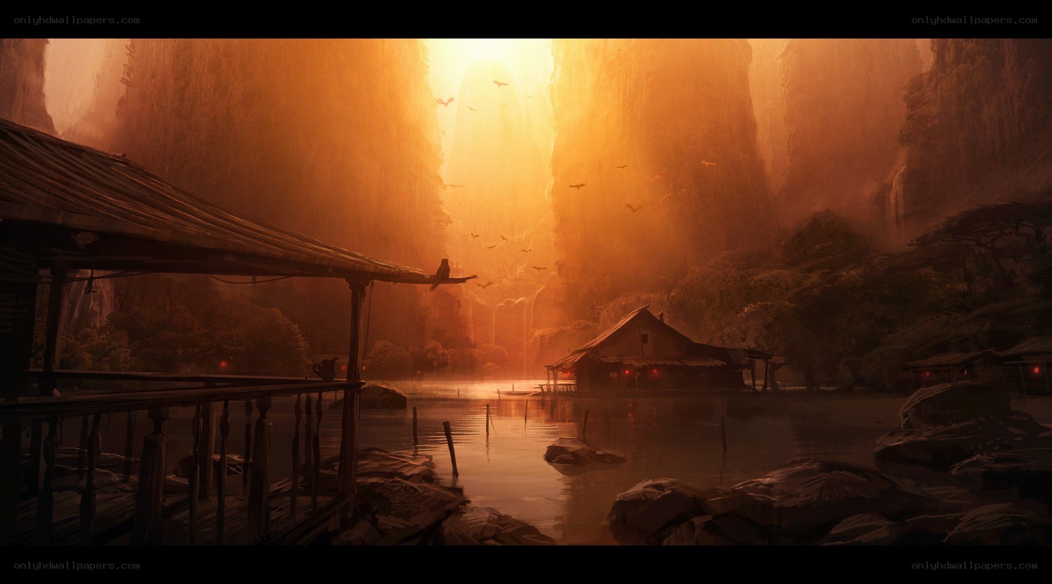 Sunset over a river village