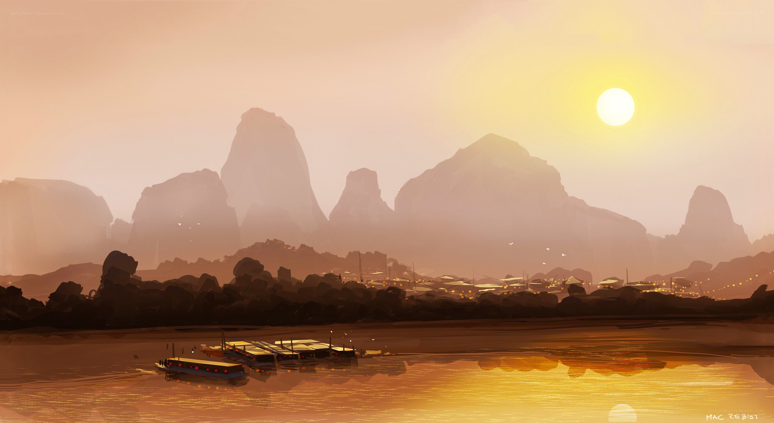 Sunset over a river village