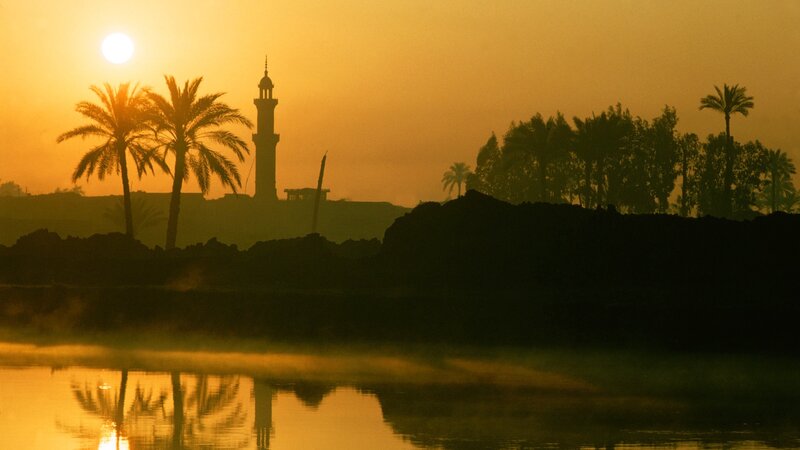 Sunset over a river with palm trees