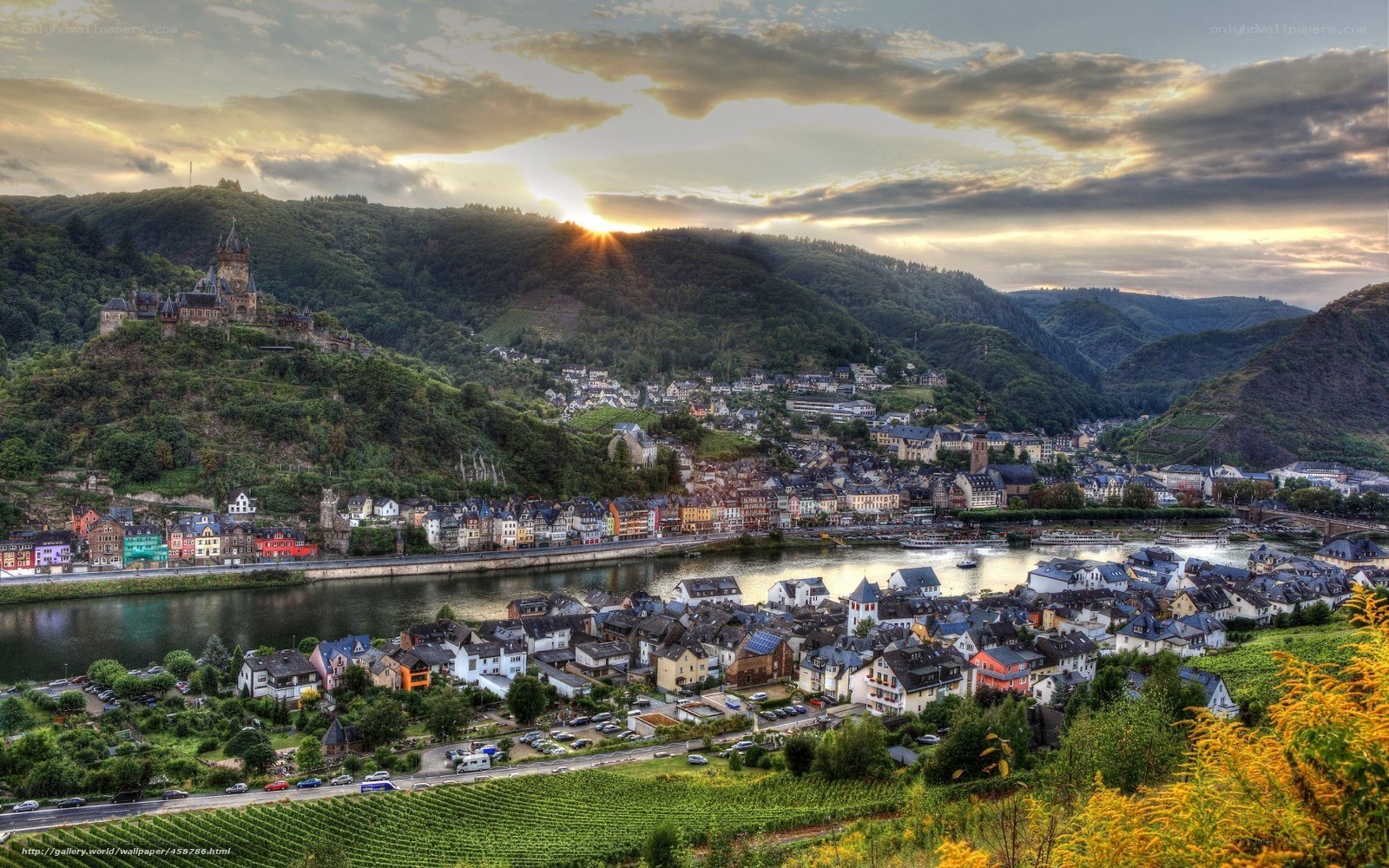 Sunset over a riverside town