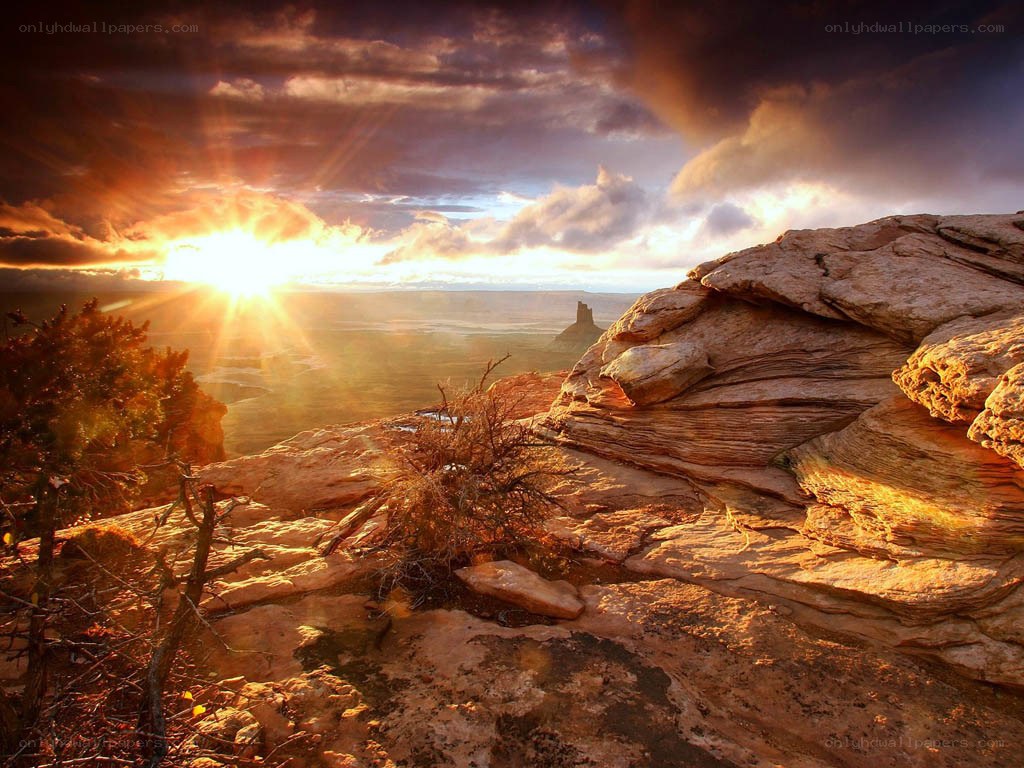 Sunset over a rocky canyon