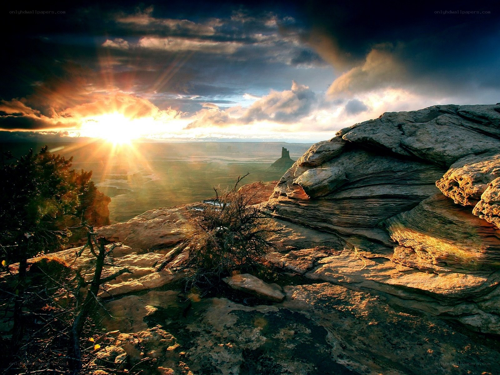 Sunset over a rocky canyon