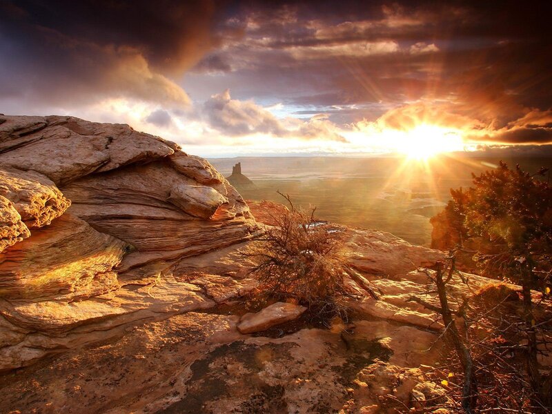 Sunset over a rocky canyon