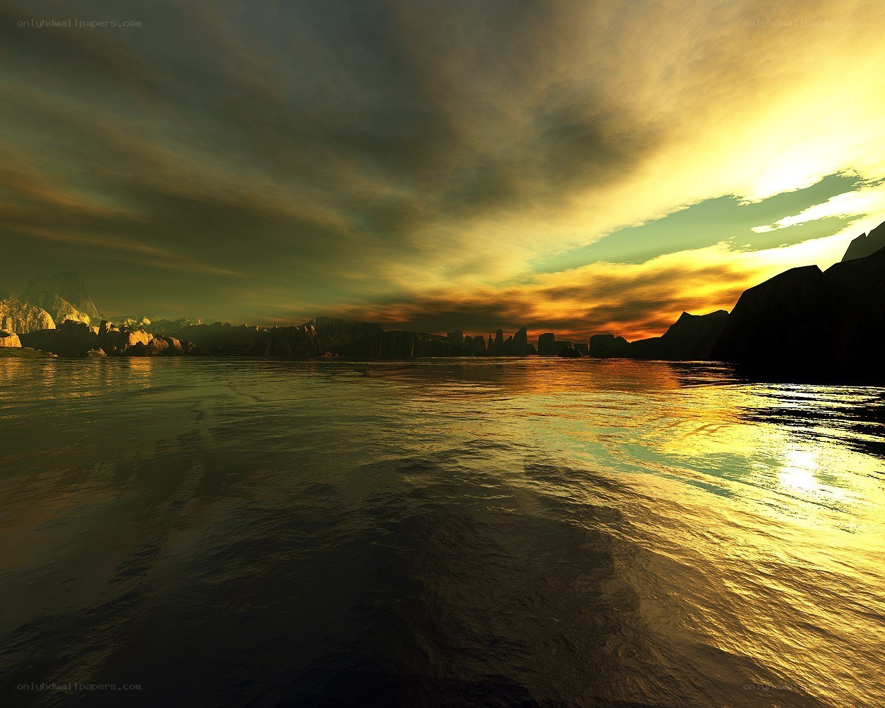 Sunset over a rocky coastline