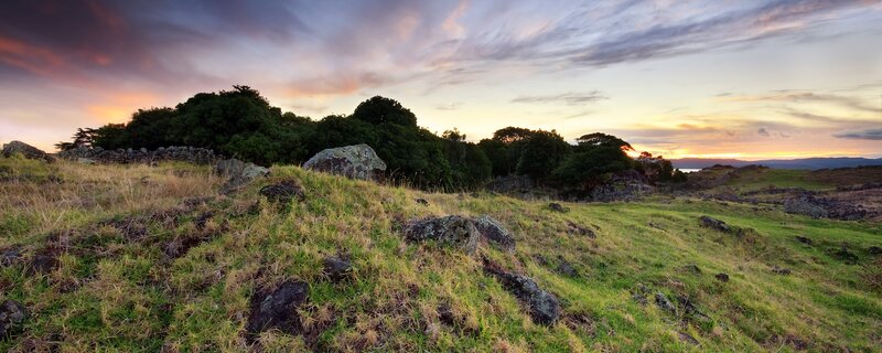 Sunset over a rocky hillside
