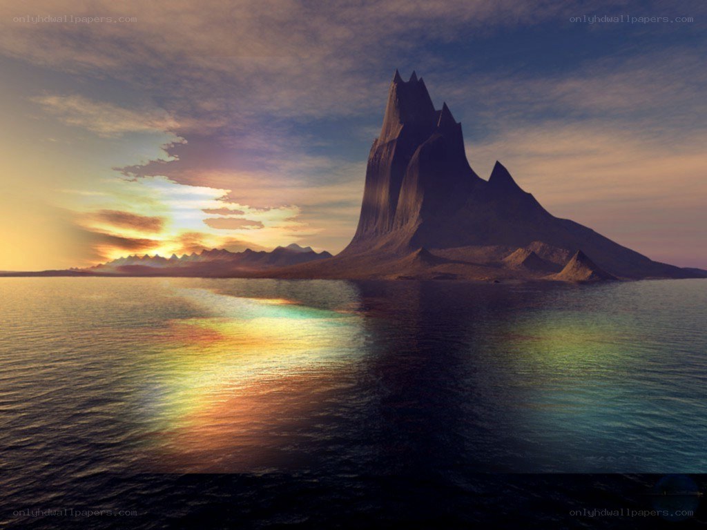 sunset over a rocky island