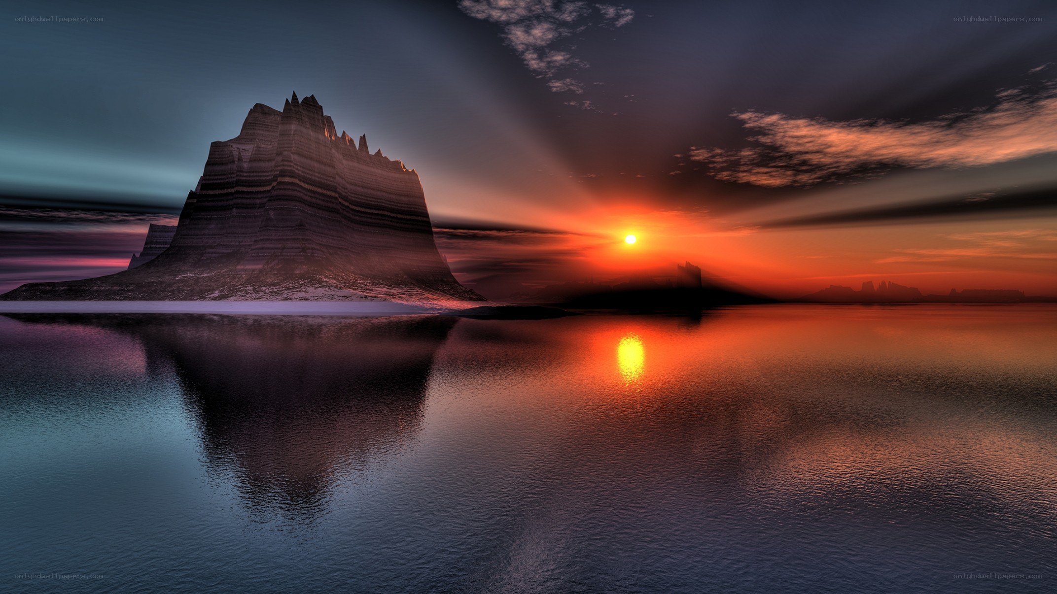 Sunset over a rocky island