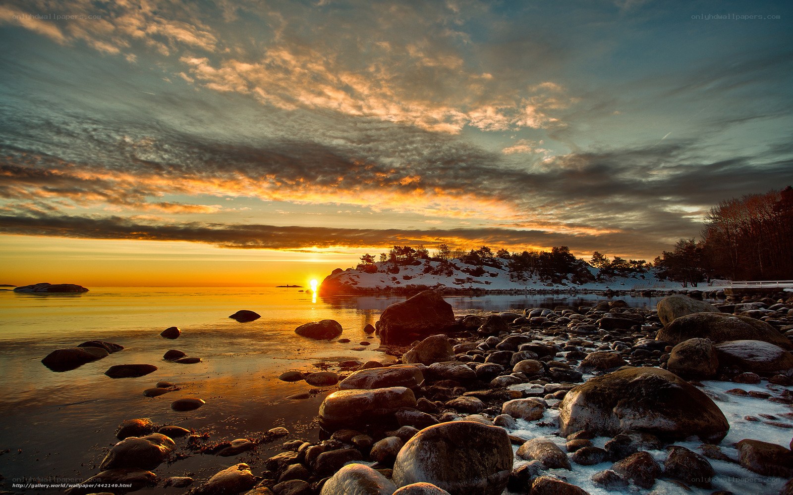 Sunset over a rocky shore