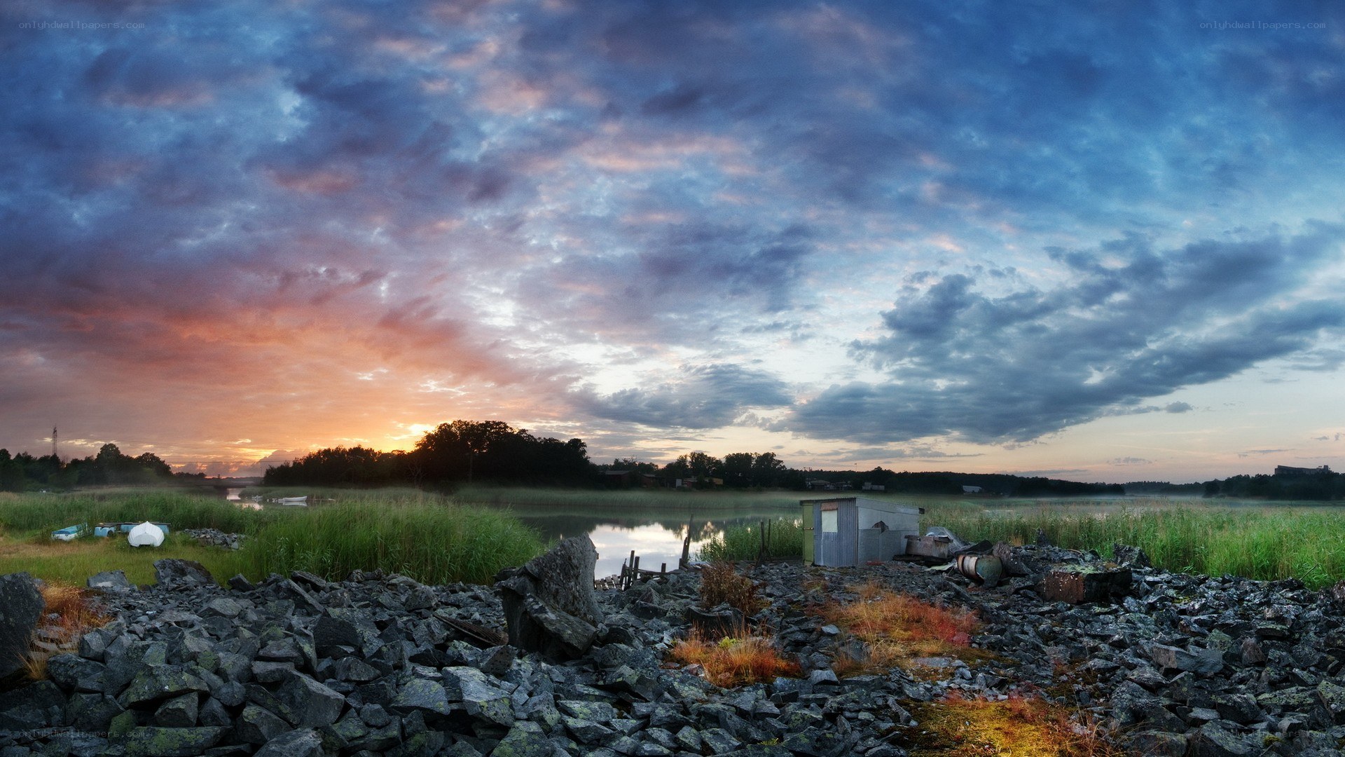 Sunset over a rocky shore