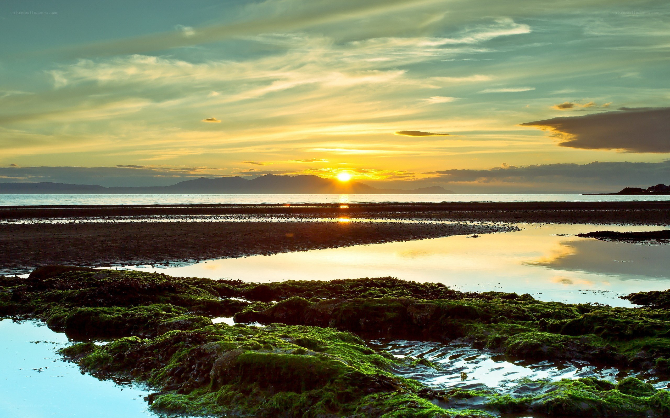 Sunset over a rocky shore