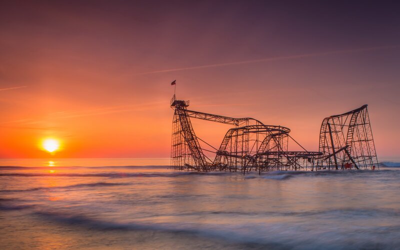 Sunset over a roller coaster