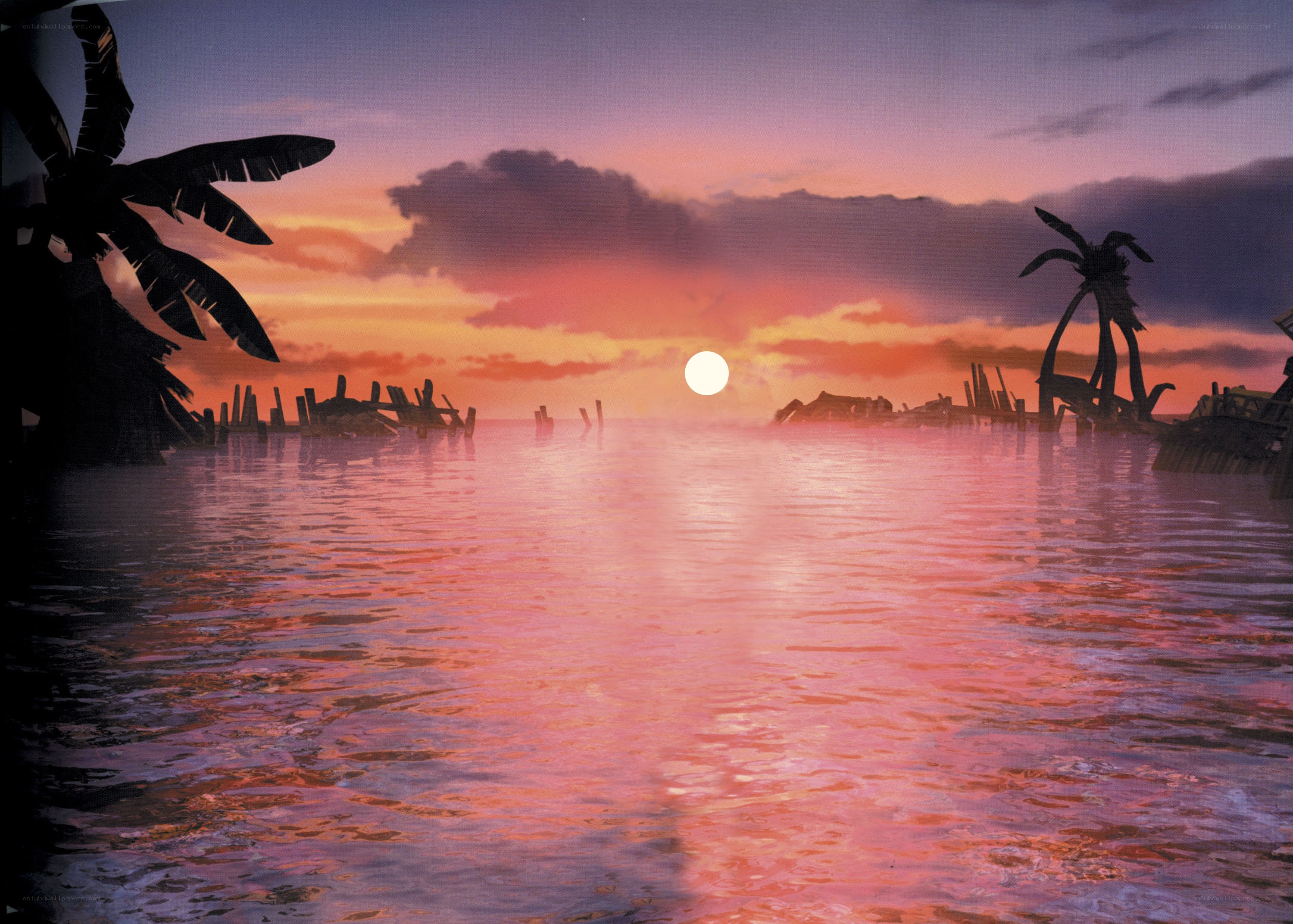 sunset over a ruined island