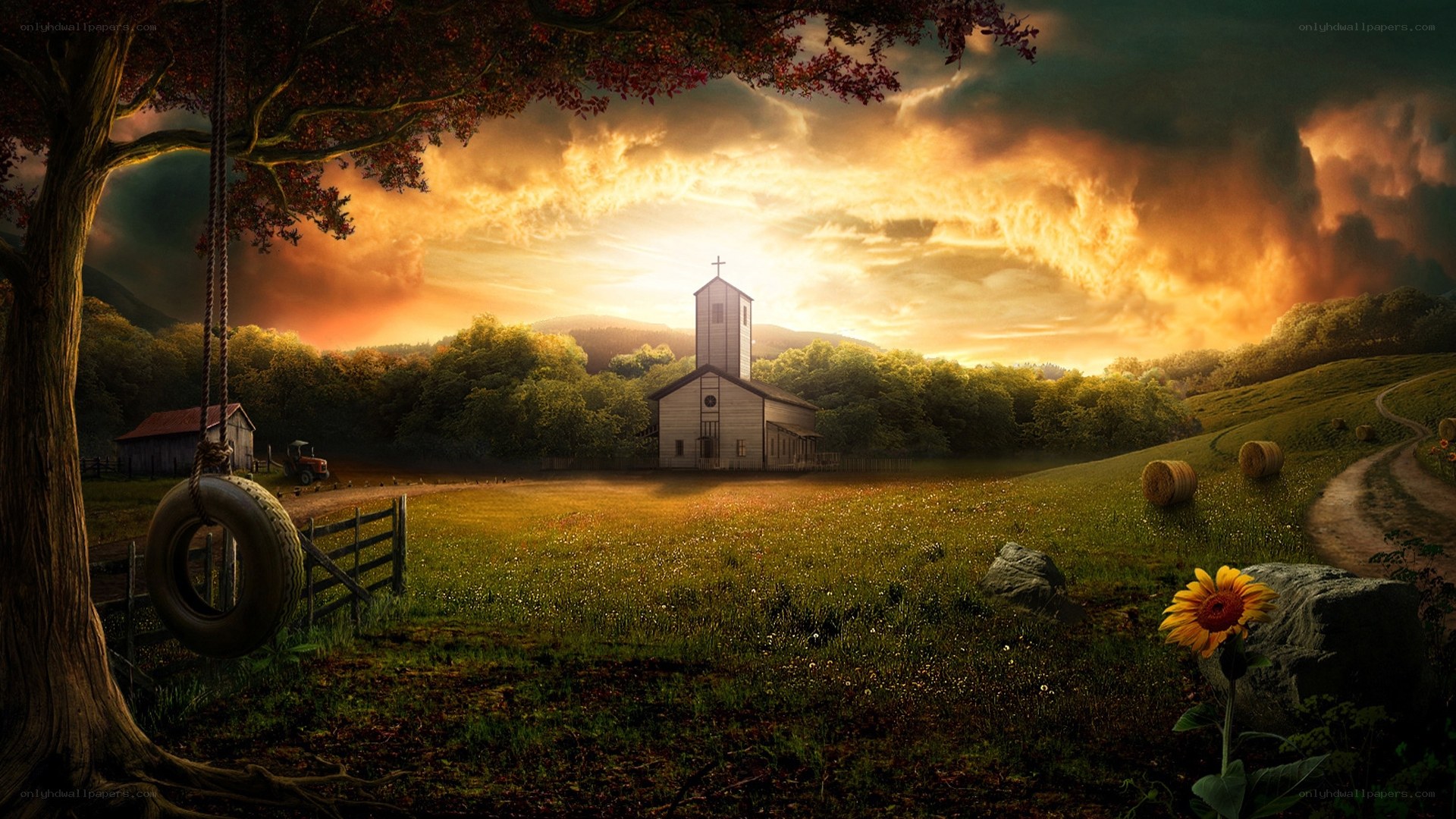 Sunset over a rural church
