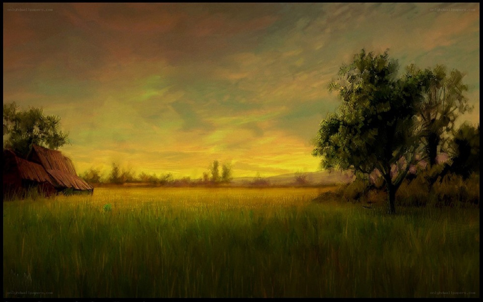 Sunset over a rural field