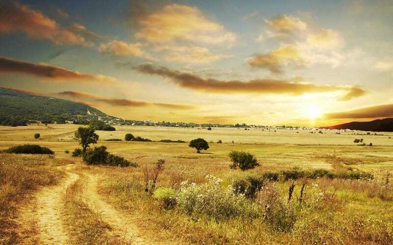 Sunset over a rural landscape
