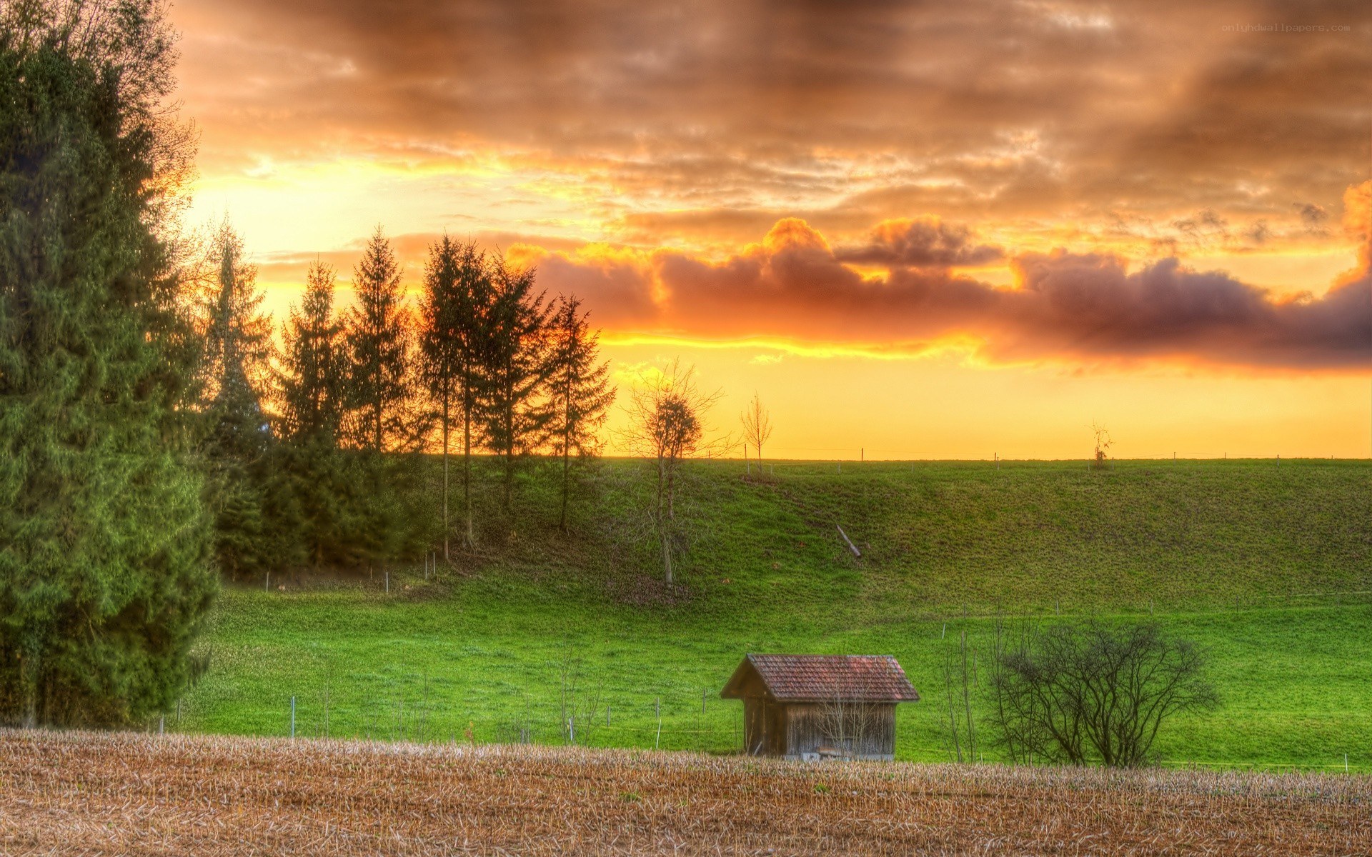Sunset over a rural landscape