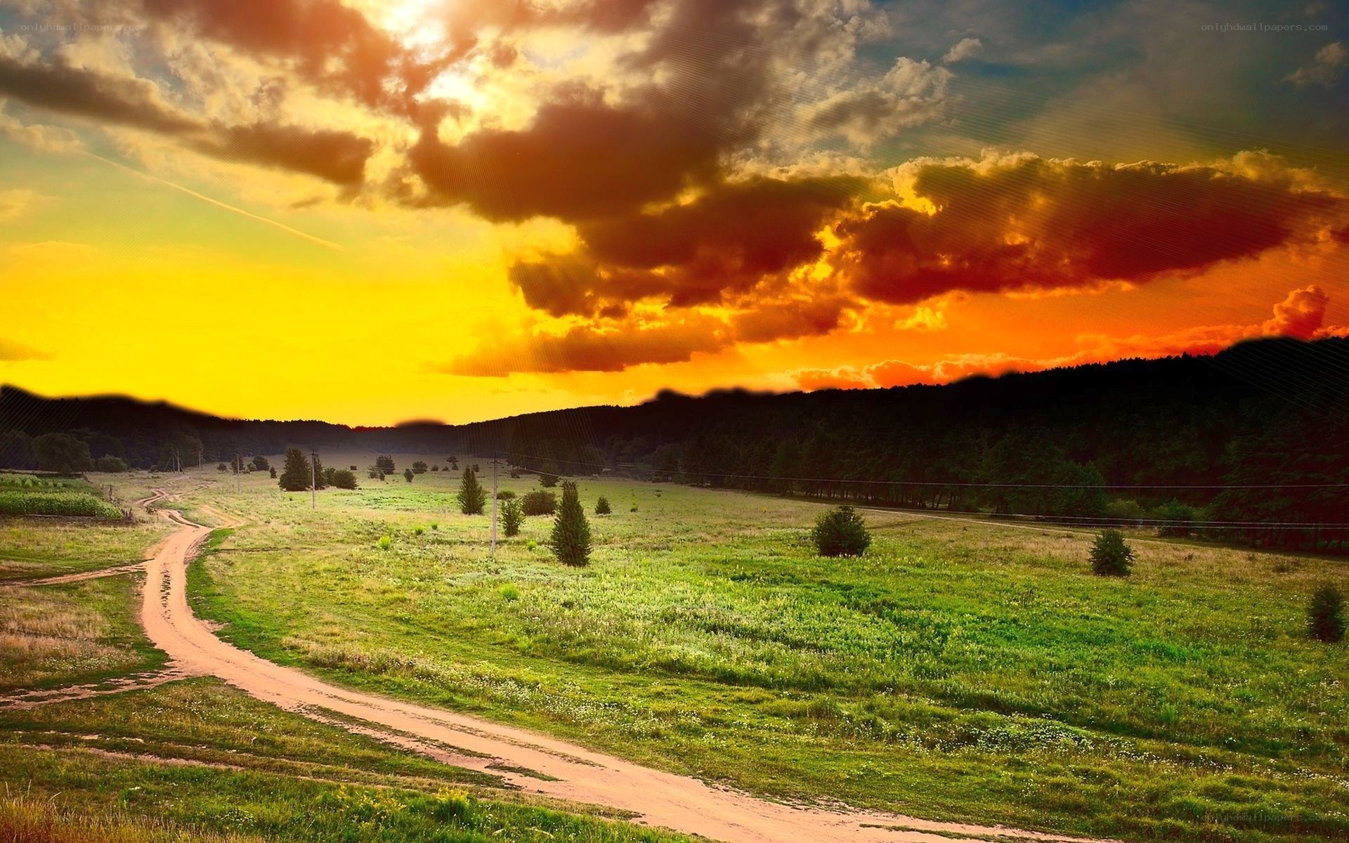 Sunset over a rural landscape