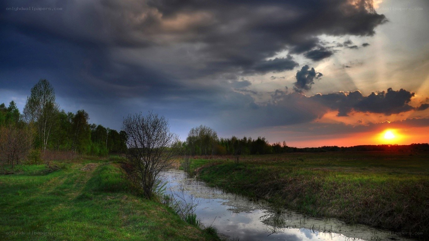 Sunset over a rural stream